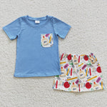 Boys back to school blue apple short set