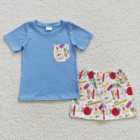 Boys back to school blue apple short set