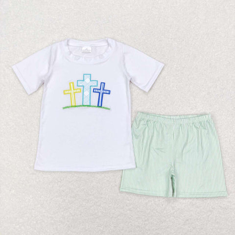 BSSO0337 baby boy clothes embroidered cross boy easter summer outfis