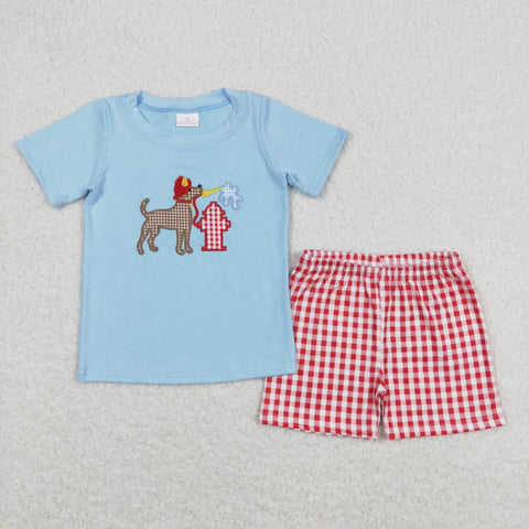 BSSO0377 kids clothes embroidery fire puppy boys summer outfits