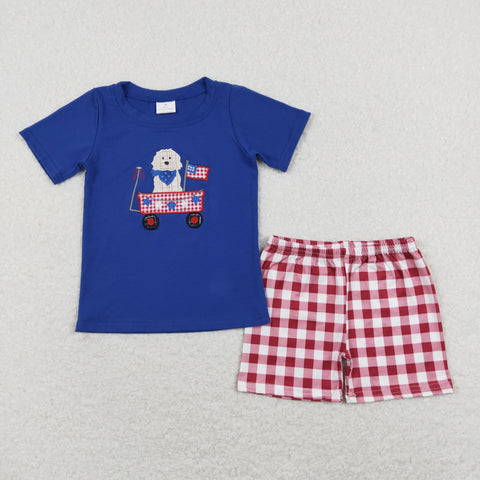 BSSO0423 baby boy clothes embroidery 4th of July patriotic dog boy summer outfits