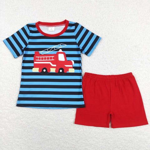 BSSO0469 baby boy clothes print boy fire truck summer outfits