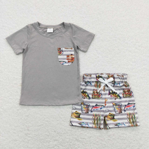 BSSO048  baby boy clothes fishing gray boy summer outfits