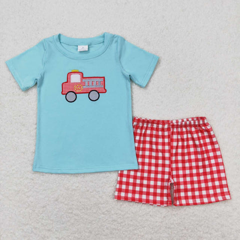BSSO0549 baby boy clothes fire truck embroidery boy summer outfits