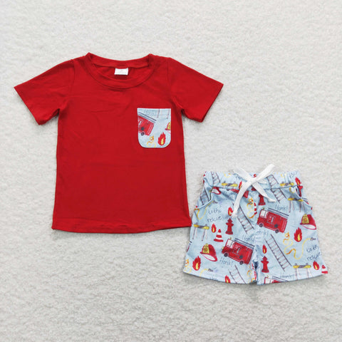 BSSO0557 baby boy clothes fire alarm print boy summer outfit