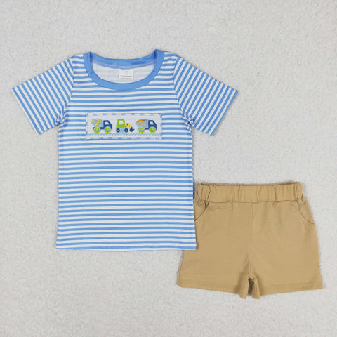 BSSO0572 baby boy clothes embroidery engineering vehicle boy summer outfit