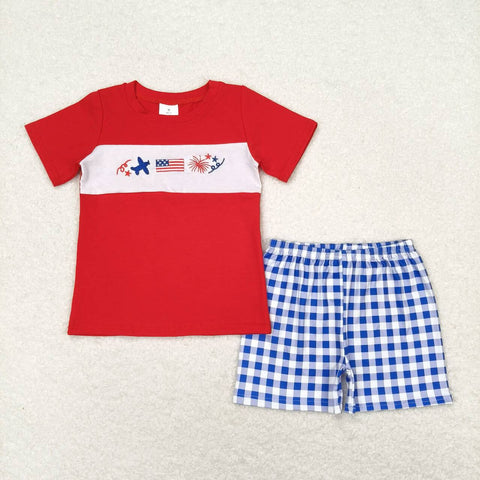 BSSO0584 baby boy clothes embroidery airplane 4th of July patriotic boy summer outfit