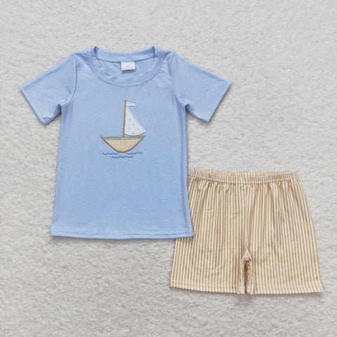 BSSO0602  baby boy clothes embroidery sailboat toddler boy summer outfit