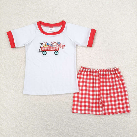 BSSO0618  baby boy clothes embroidery  flag 4th of July patriotic toddler boy summer outfit