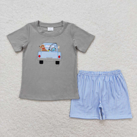 BSSO0664   baby boy clothes embroidery puppy fishing toddler boy summer outfits