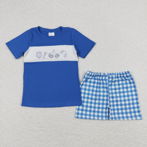 BSSO0665 baby boy clothes police gingham toddler boy summer outfits