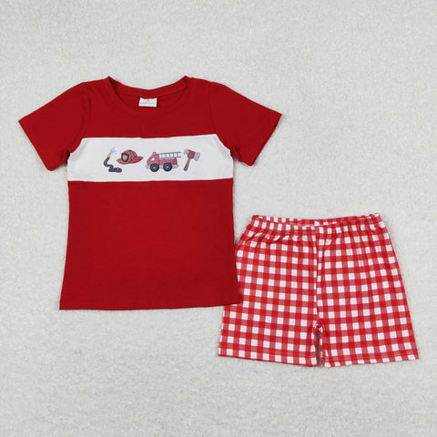BSSO0666  baby boy clothes firemen gingham toddler boy summer outfits