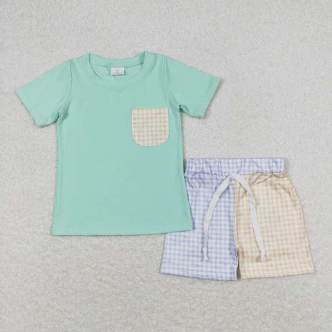 BSSO0680 baby boy clothes gingham toddler boy summer outfits