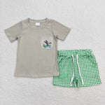 BSSO0734 baby boy clothes green mallard gingham toddler boy summer outfits