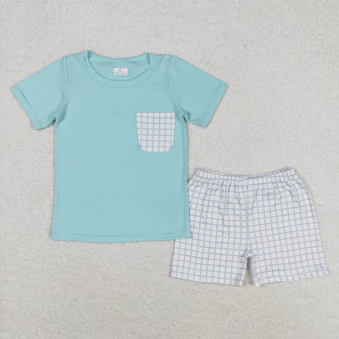 BSSO0799 baby boy clothes blue gingham toddler boy summer outfits 3-6M to 7-8T