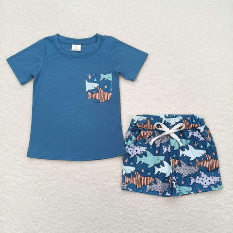 BSSO0830 baby boy clothes shark toddler boy summer outfits 3-6M to 7-8T