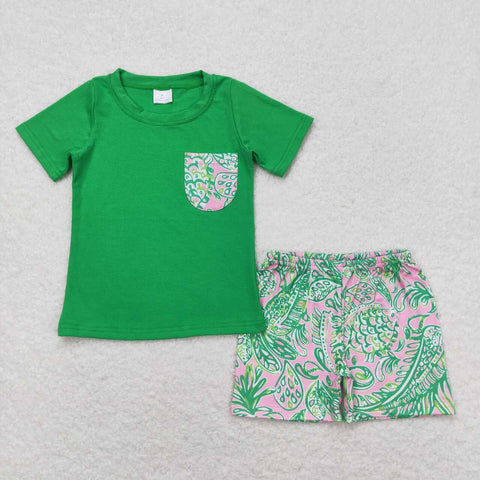 BSSO0839 baby boy clothes green painting toddler boy summer outfits 3-6M to 7-8T