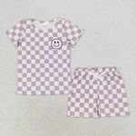 BSSO0975 3-6M to 7-8T baby boy clothes smiley gingham toddler boy summer outfits