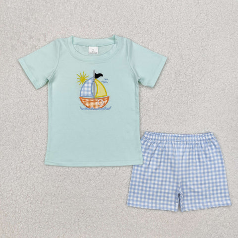 BSSO1048  baby  boy clothes embroidery sailboat toddler boy summer outfit