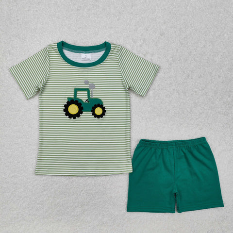 BSSO1184  baby boy clothes embroidery green truck toddler boy summer outfit