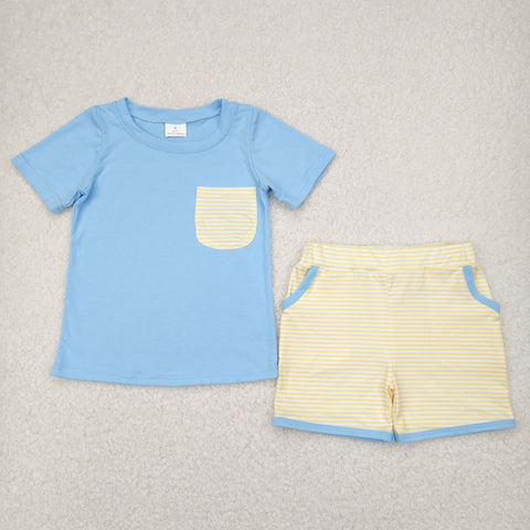 BSSO1393 toddler boy clothes yellow stripes boy summer set