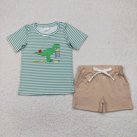 BSSO1416  baby boy clothes embroidery dino back to school day toddler boy  summer outfit