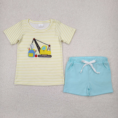 BSSO1417  baby boy clothes embroidery truck  back to school day toddler boy  summer outfit