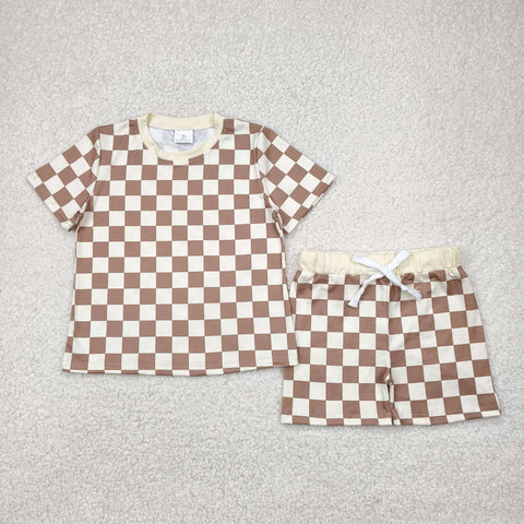 BSSO1422   baby boy clothes brown gingham toddler boy  summer outfit