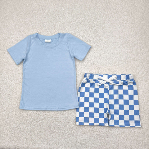 BSSO1469   baby boy clothes blue plaid toddler boy summer outfit