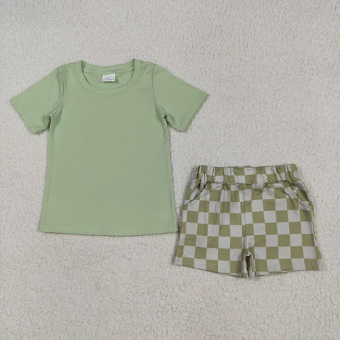 BSSO1470  baby boy clothes green plaid toddler boy summer outfit