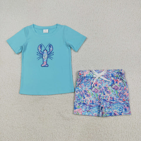 BSSO1479  baby boy clothes embroidery crayfish floral toddler boy summer outfit