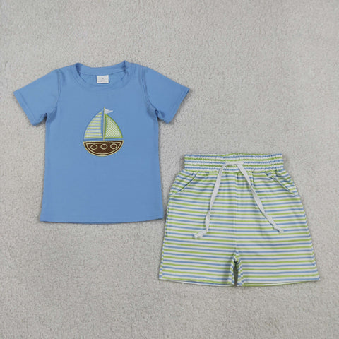 BSSO1860 kids clothes embroidery saling boat print boys summer outfit