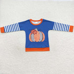 Little boy fall pumpkin print blue long sleeve t shirt