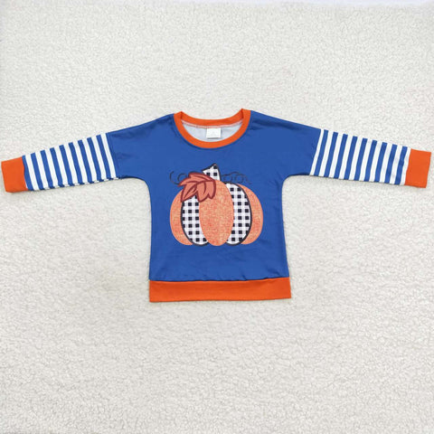 Little boy fall pumpkin print blue long sleeve t shirt