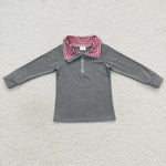 Red plaid collar boy gray zipper top