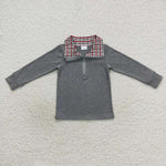 Boy long sleeve green plaid zip gray top