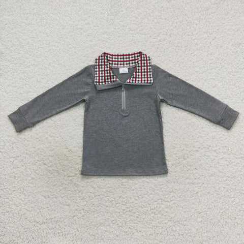 Boy long sleeve green plaid zip gray top