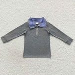 Boy long sleeve blue plaid zipper gray top