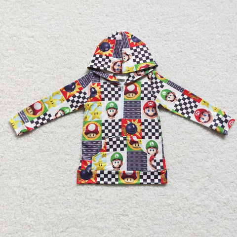 Boy cartoon mario checkered hooded top