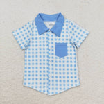 BT0806   toddler boy clothes blue gingham boy summer top t-shirt