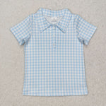 BT1125   toddler boy clothes blue gingham boy  summer top shirt