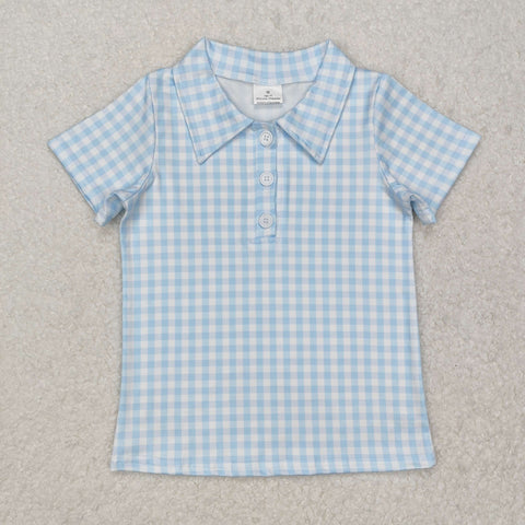 BT1125   toddler boy clothes blue gingham boy  summer top shirt