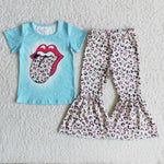 Promotion $5.5/set no MOQ RTS blue short sleeve shirt and pants girls outfits