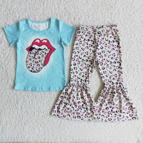 Promotion $5.5/set no MOQ RTS blue short sleeve shirt and pants girls outfits