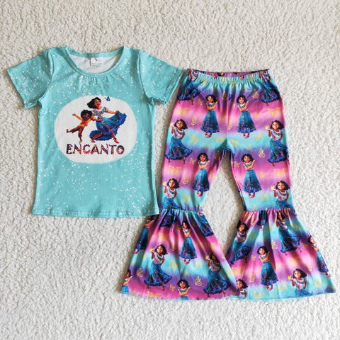 Promotion $5.5/set no MOQ RTS blue short sleeve shirt and pants girls outfits