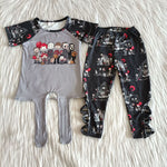 Promotion $5.5/set no MOQ RTS gray black short sleeve shirt and pants girls outfits