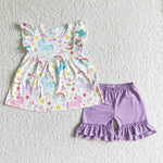 C10-3 Girl Rainbow Cartoon Purple Shorts Outfit-promotion 2024.6.29