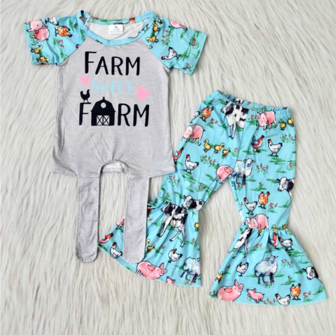 Promotion $5.5/set no MOQ RTS farm short sleeve shirt and pants girls outfits