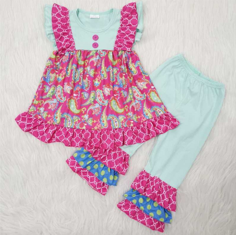 Promotion $5.5/set no MOQ RTS pink short sleeve shirt and pants girls outfits