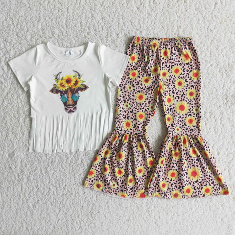 Promotion $5.5/set no MOQ RTS white sunflower short sleeve shirt and pants girls outfits